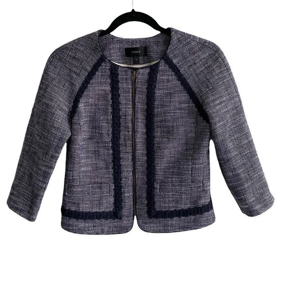 J. CREW Navy Blue Cropped Collarless Tweed Zip Front Blazer Jacket 0 - Picture 1 of 10